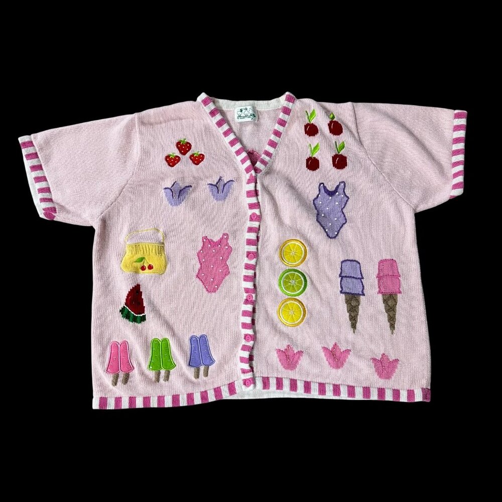 Vintage 1990s Quacker Factory Pink Knit Cardigan Summer Short Sleeve Plus Size - Picture 2 of 8